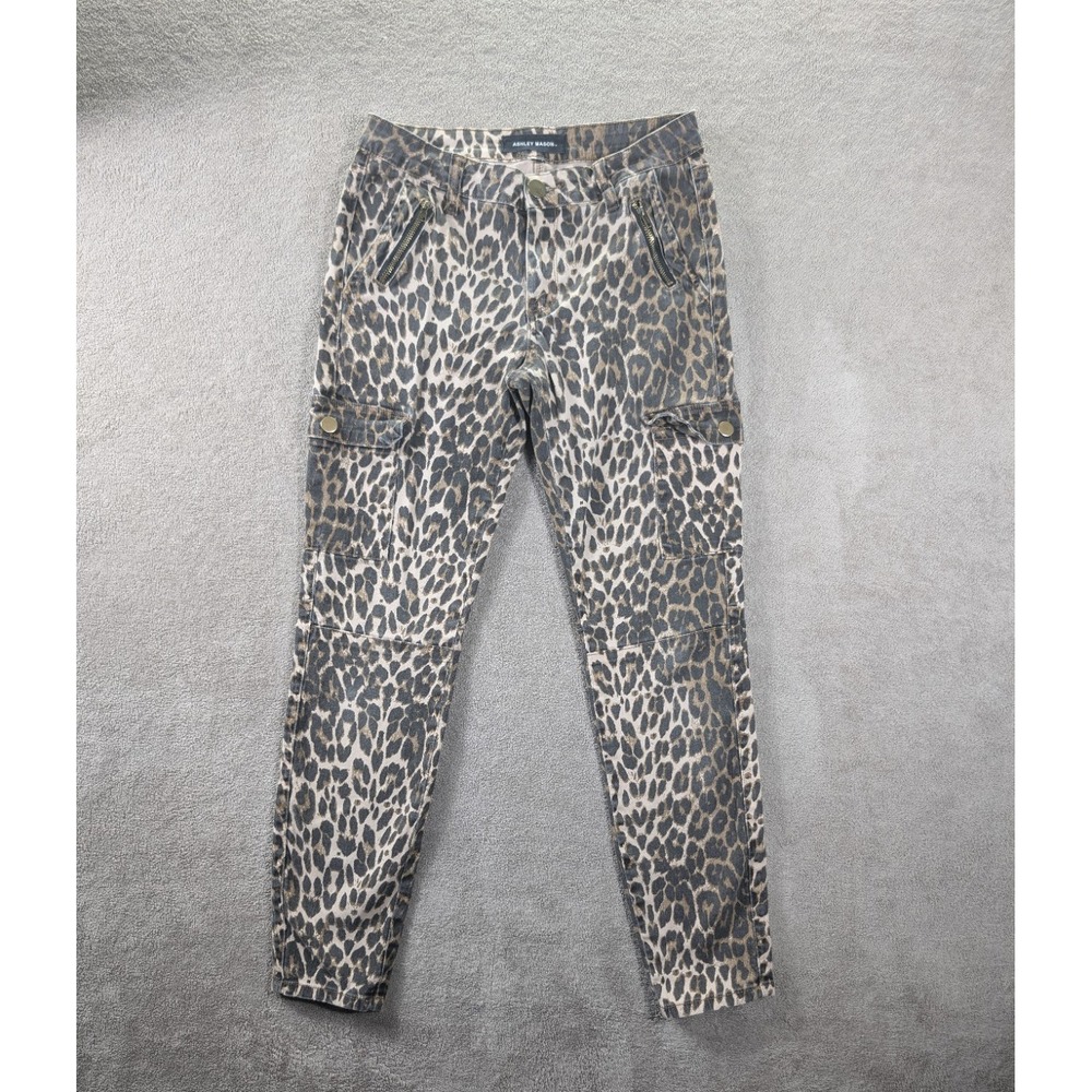 Ashley Mason Jeans Womens Size 9/29 Cheetah‎ Cargo Snap Pockets Stretch Skinny